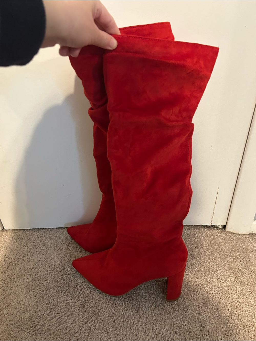Red Faux Suede Knee-High Block Heel Boots - Women - Picture 2 of 2
